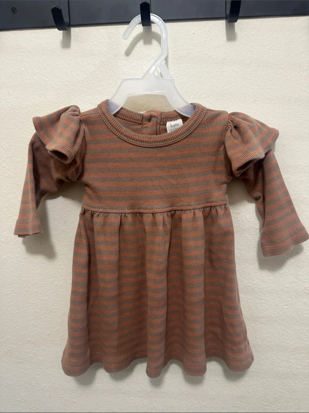 kate quinn Rust and Light Gray Striped Puff-Sleeve Dress